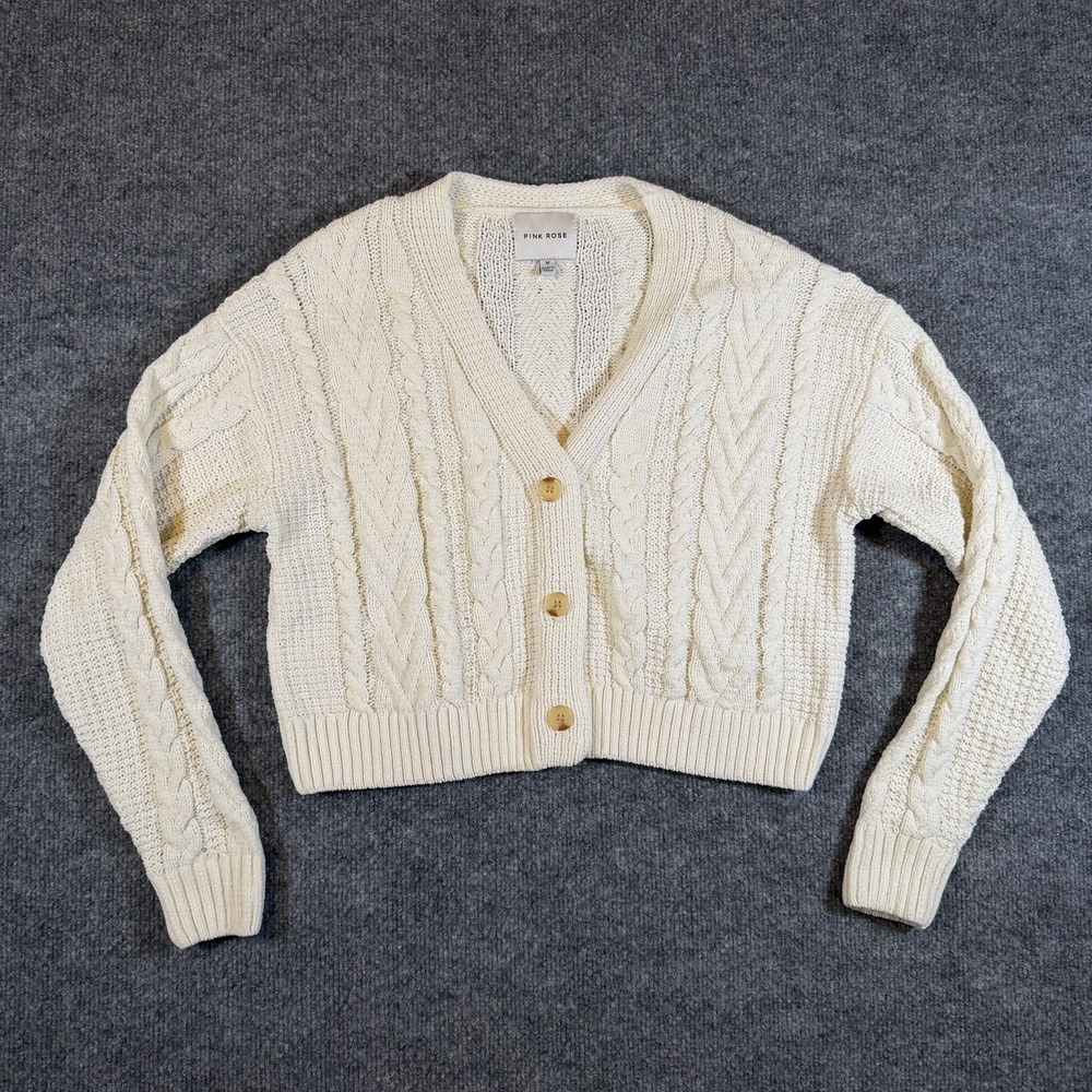 Pink Rose Womens M White Cable Knit Cropped Cardigan Sweater V-Neck Button Up